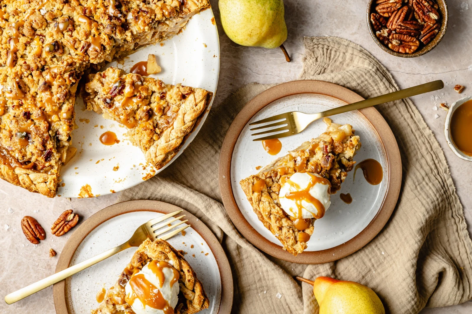 Bourbon Salted Caramel Pear Pie (perfectly sweet & salty!)