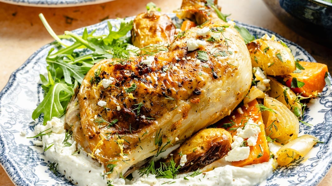 The BEST Whole Roasted Chicken (with veggies & feta)