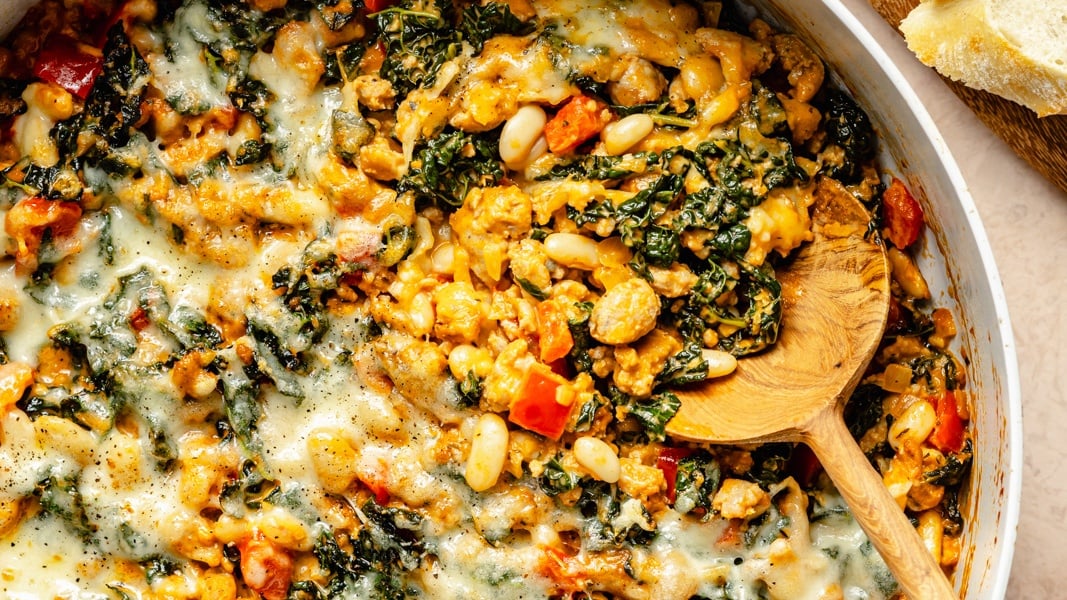 One Pan Chicken Sausage White Bean Bake (fiber & protein-packed)