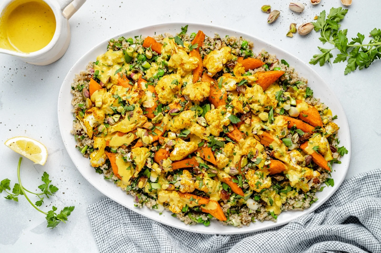 Roasted Carrot Cauliflower Quinoa Salad (high-fiber & protein)