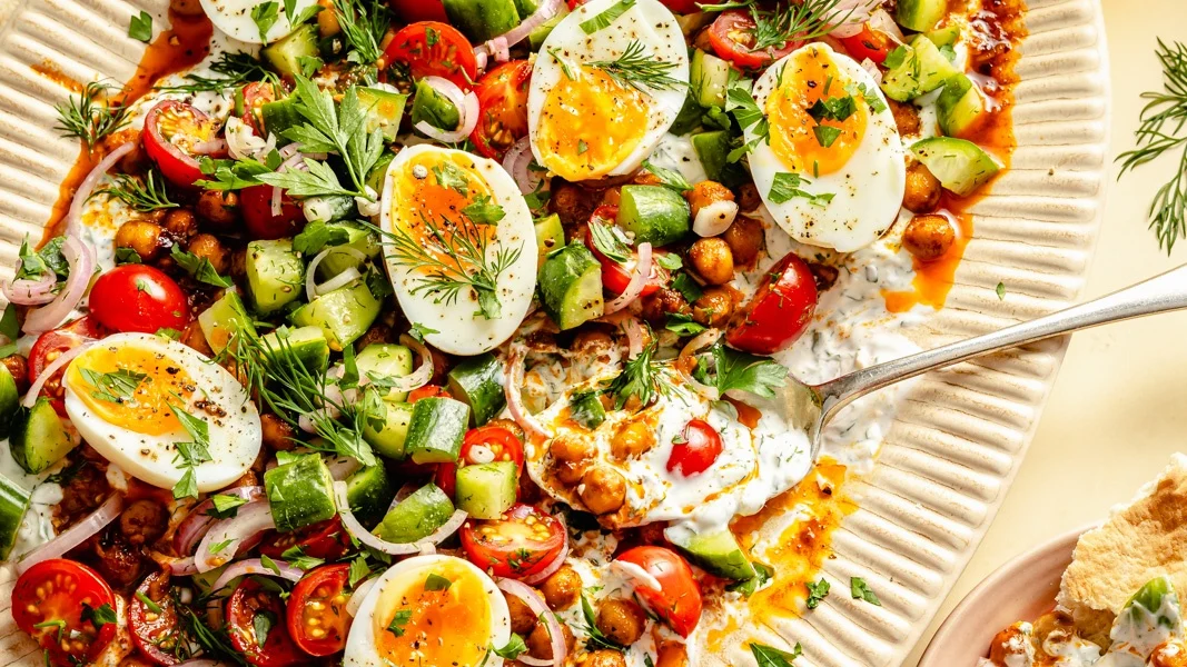 Spiced Chickpeas and Eggs with Garlic Herb Yogurt & Fresh Salad