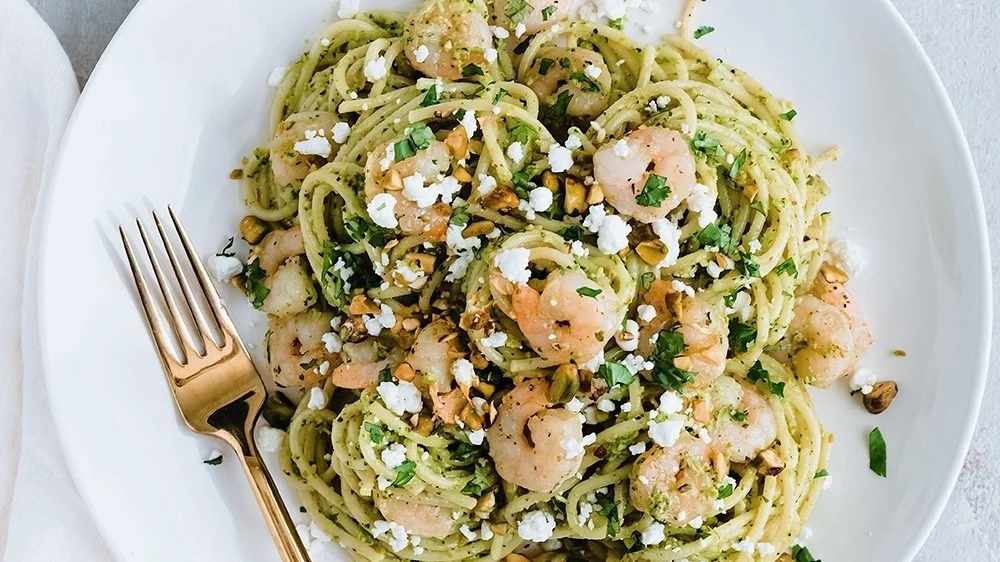 Cilantro Pistachio Pesto Shrimp Pasta (perfect for date night!)
