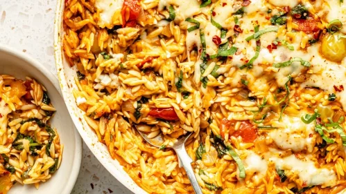 One Pan Tomato Basil Baked Orzo (packed with fiber & protein)