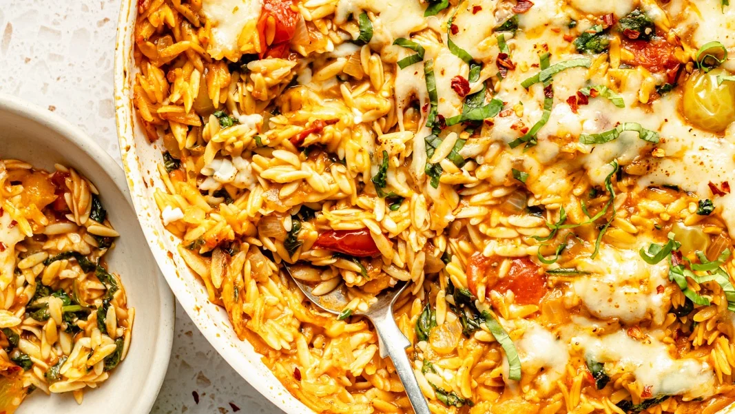 One Pan Tomato Basil Baked Orzo (packed with fiber & protein)