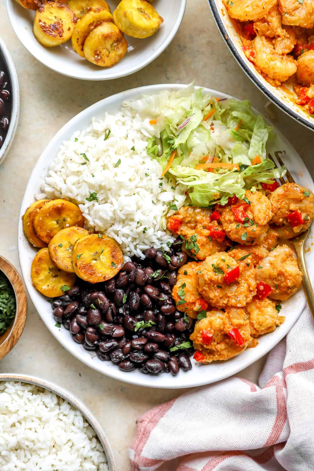 A bowl of Costa Rica garlic shrimp with rice, beans, plantains, and salad.